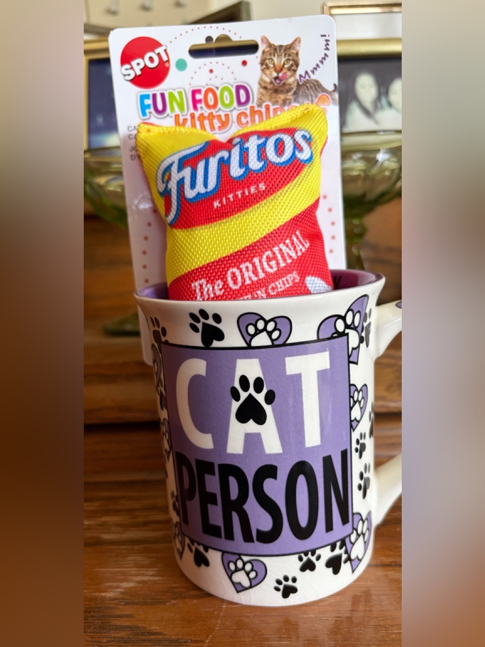 Cat Person Purple Paw Print Mug & Furitoes Cat Toy Bundle